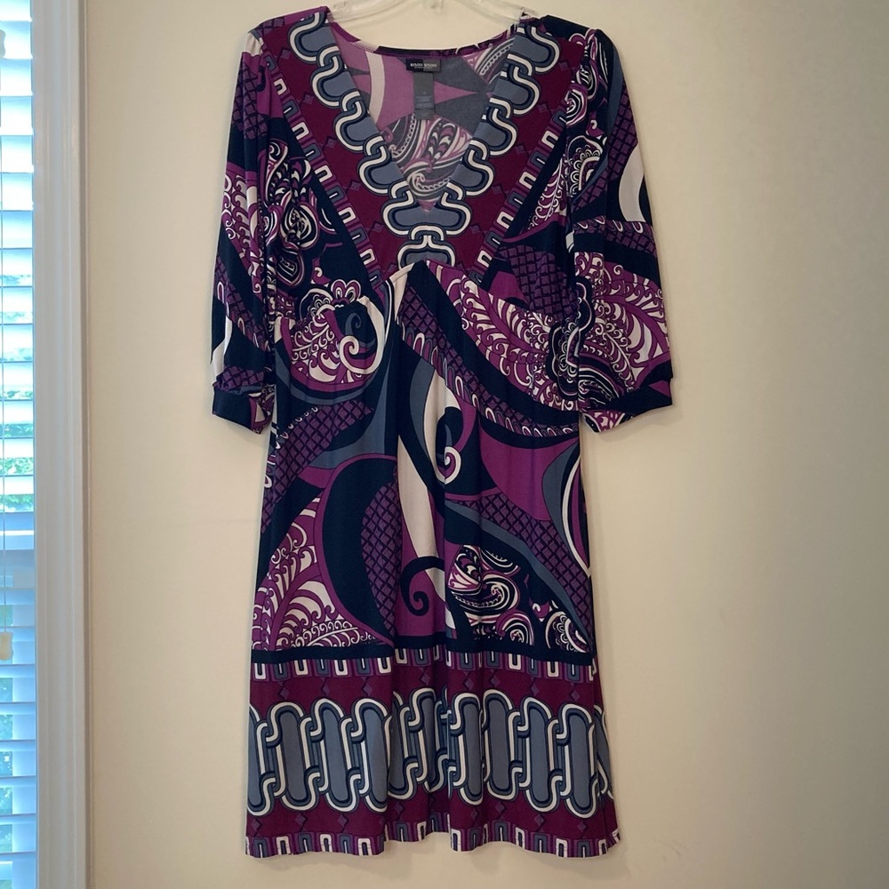 Bisou Bisou V-Neck Knee Length Purple/Black Dress Size 10